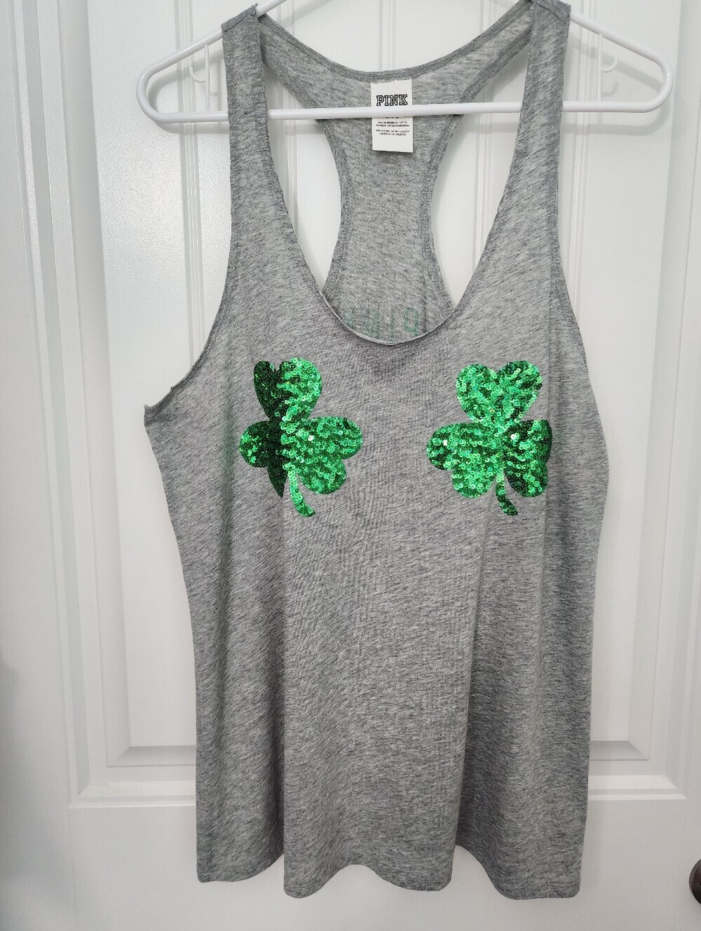 Victoria's Secret PINK Sequin Green Shamrock Sequin Tank Top in Gray, Size Large